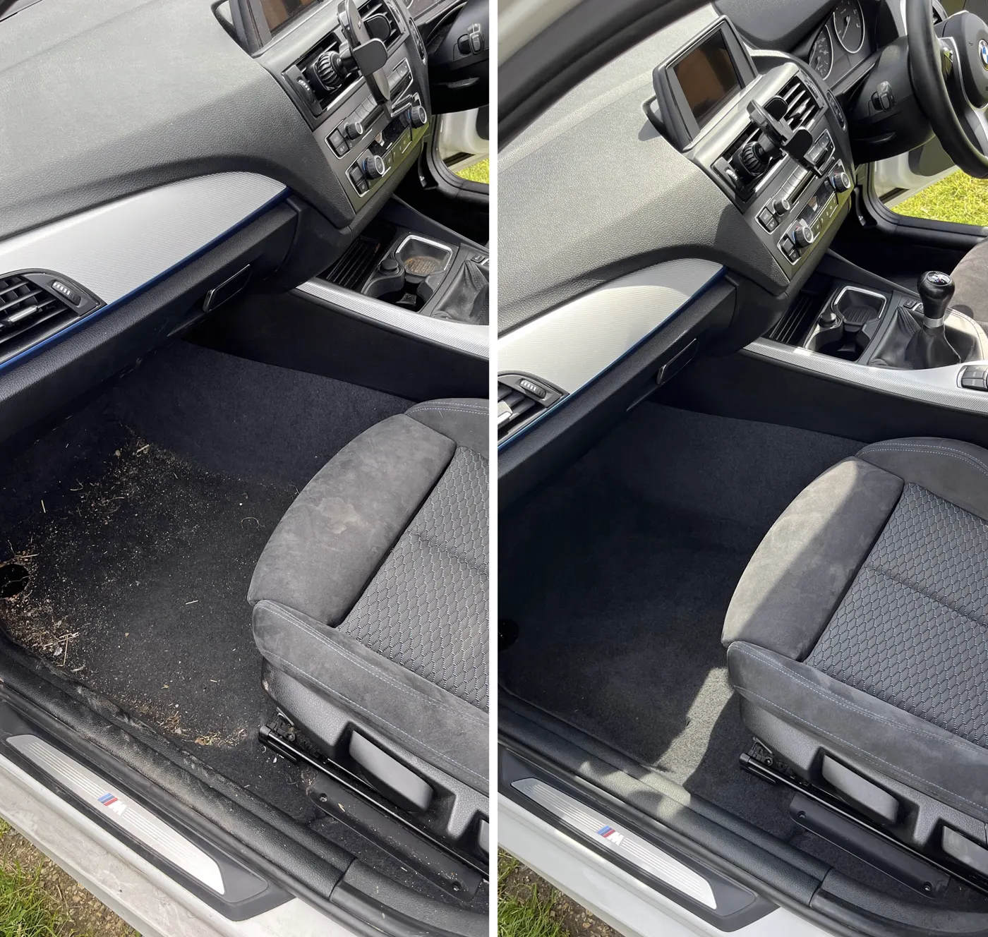 Car interior passenger side before and after valeting