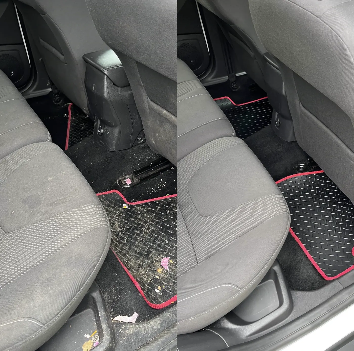 Rear footwell, mats and seat base before and after an interior clean, with debris removed