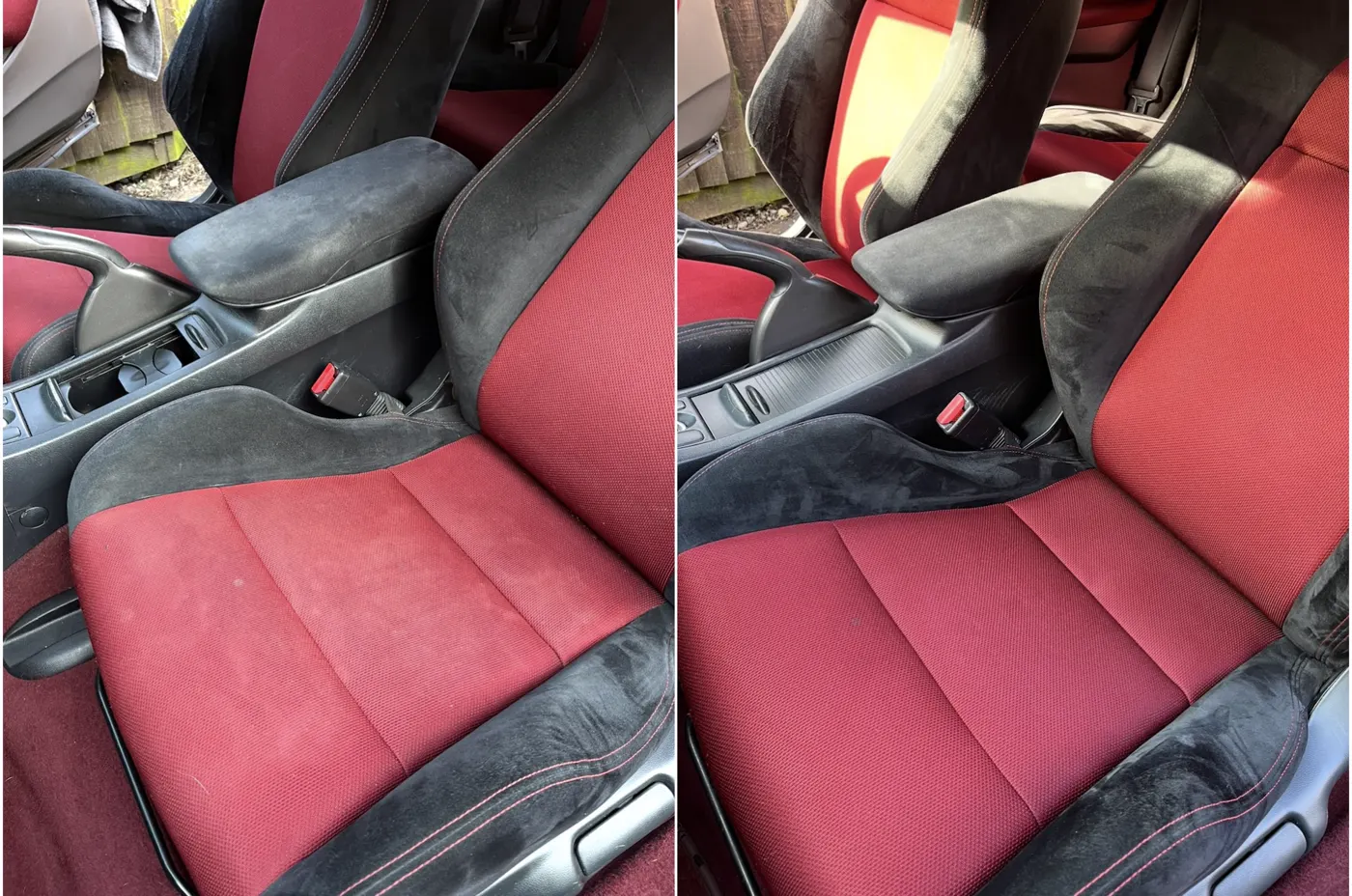 Red car seats before and after a deep clean